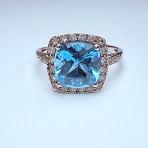 10K Solid White Gold Swiss Blue Topaz & Diamond Chatelaine Cushion Halo Ring
